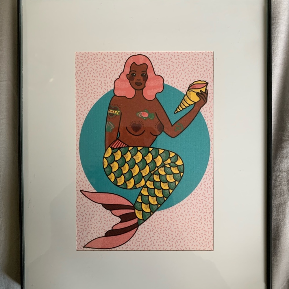 Tattooed pink haired Mermaid print. 8x10 frame